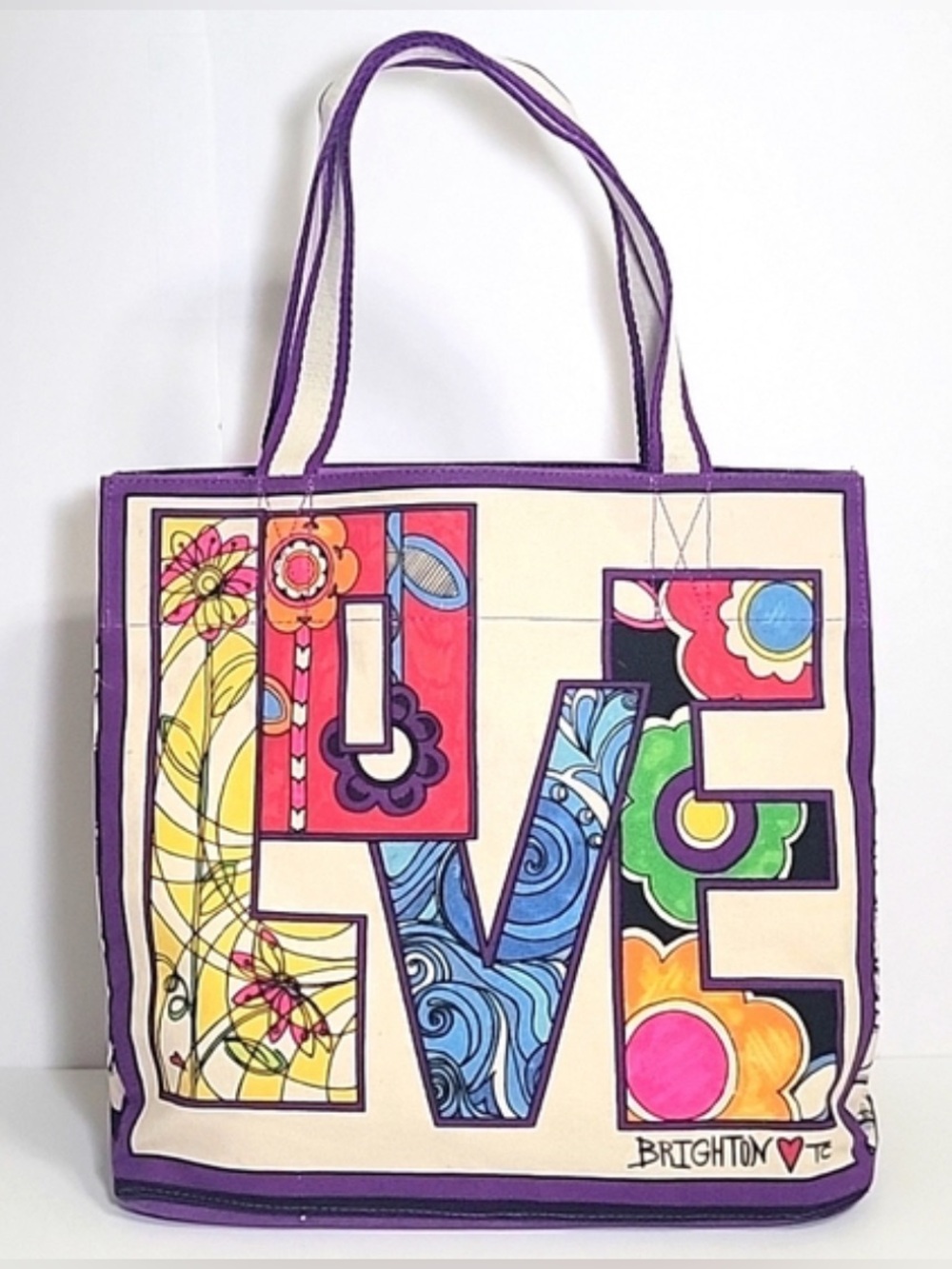 Brighton LOVE Groove II Tote “LOVE' Multi Color Tom Clancy Printed Canvas Bag - Picture 3 of 7
